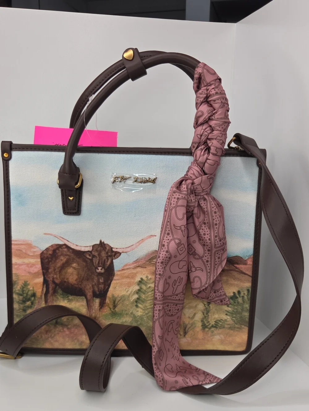 🤎▪️Betsey Johnson ▪️Brown Longhorn Leather-Trim Canvas Tote with Brown Scarf